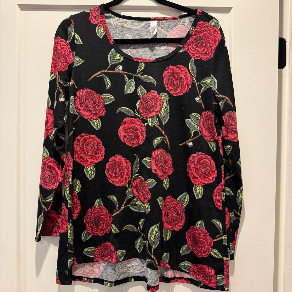 Boho Floral Rose Print LuLaRoe Lynnae Top Large Black Red Long Sleeve Tunic